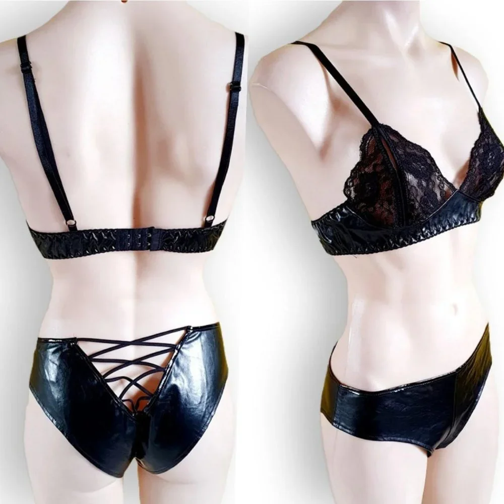 Black stretch lace + PVC two piece lingerie bra /bralette + underwear set OS - Picture 1 of 5